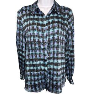 Liz Claiborne Womens Blue Purple Plaid Button Down Blouse Sz M Career Wear Y2K